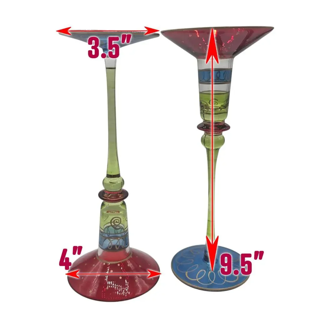 Pier 1 Imports Art Glass Candlestick Hand Painted Red Green Blue Gold Scroll VTG